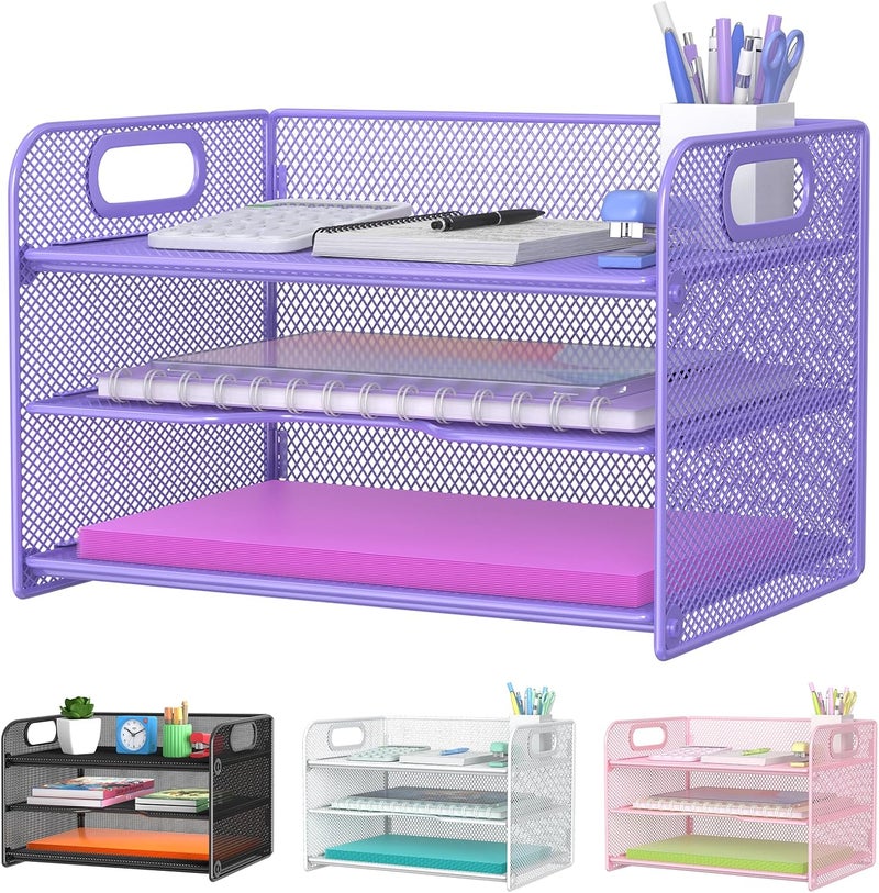 Samstar 3 Tier Purple Letter Tray Paper Organizer with Handle, Mesh Desk Organizer Paper Sorter File Rack Shelves, Purple - Image 1